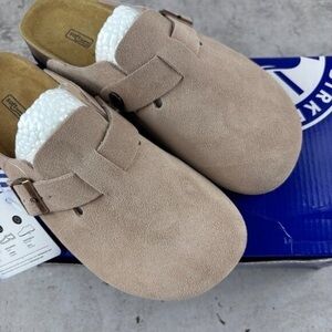 Birkenstock Boston taupe suede mule clogs
